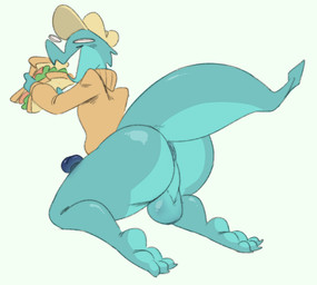 anus backsack balls claws clothing food genitals hat headgear headwear humanoid_genitalia humanoid_penis male penis sandwich_(food) smile solo sweater tail thick_tail topwear jizzus kobold reptile scalie character_request
