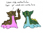 ambiguous_gender duo gesture humor profanity simple_background text white_background unknown_artist nintendo pokemon aquatic_gastropod east_sea_gastrodon gastrodon gastropod generation_4_pokemon marine mollusk pokemon_(species) sea_slug slug west_sea_gastrodon english_text