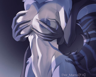 ambiguous_gender anthro big_breasts blue_body breasts duo female female/ambiguous gradient_background hand_on_breast nipples nude nude_female simple_background skinny_female text der_marro mammal 5:4 artist_name hi_res