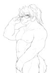 adjusting_glasses balls barely_visible_balls barely_visible_genitalia covering covering_crotch eyewear genitals glasses hand_on_glasses looking_at_viewer male muscular muscular_male nipples nude solo barontoko lifewonders tokyo_afterschool_summoners catoblepas_(tas) hi_res monochrome