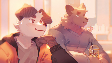 anthro beverage black_body black_eyes black_fur blue_clothing blue_shirt blue_topwear bubble_tea clothing duo fur hoodie long_sleeve_shirt looking_at_another male muscular muscular_anthro muscular_male shirt topwear white_body white_fur yellow_clothing yellow_hoodie yellow_topwear hemuchang pots_(hemuchang) shin_(hemuchang) canid canine canis domestic_dog felid mammal pantherine 16:9 2022 hi_res widescreen