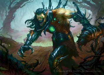 cybernetics forest glowing glowing_eyes green_eyes machine male metallic_body muscular muscular_male not_furry open_mouth outside plant sharp_teeth smile teeth tree james_ryman hasbro magic:_the_gathering wizards_of_the_coast cyborg elf humanoid official_art