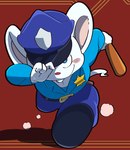 anthro biped blue_eyes blush bottomwear clothing humanoid_hands kemono pants police police_baton police_hat police_officer police_uniform shirt solo topwear uniform white_body kyoujinbe mappy mappy_(character) mammal mouse murid murine rodent 2022 hi_res