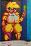 anthro big_breasts breasts clothed clothing clothing_around_one_leg female machine muscular muscular_female panties panties_around_one_leg panties_down partially_clothed solo text underwear underwear_around_one_leg underwear_down diamondtears five_nights_at_freddy's five_nights_at_freddy's_2 scottgames toy_chica_(fnaf) animatronic robot 2022 absurd_res english_text hi_res traditional_media_(artwork)