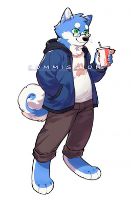 anthro barefoot blue_body blue_clothing blue_fur blue_topwear bottomwear brown_bottomwear brown_clothing brown_pants cheek_tuft closed_smile clothed clothing curled_tail eyewear facial_tuft feet fur glasses glistening glistening_eyes green_eyes hand_in_pocket head_tuft male mouth_closed neck_tuft pants pockets rectangular_glasses simple_background smile solo standing tail three-quarter_view topwear tuft unsigned white_background white_body white_clothing white_fur white_topwear asnnonaka canid canine canis domestic_dog mammal shiba_inu spitz full-length_portrait hi_res portrait