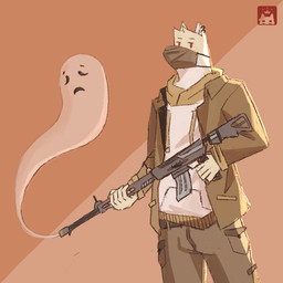 ambiguous_gender anthro automatic_rifle belt bottomwear cargo_pants clothing coat duo ear_piercing ear_ring exhausted fur holding_object holding_weapon hoodie male mask medical_instrument neutral_expression pants piercing pointy_ears red_eyes ring_piercing scientific_instrument simple_background surgical_mask topwear weapon white_body white_fur w0lfi unnamed_character canid canine ghost mammal spirit 1:1 digital_drawing_(artwork) digital_media_(artwork)