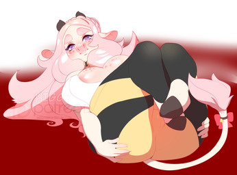 5_fingers accessory anthro big_breasts bottomwear bow_(feature) bow_accessory bow_ribbon breasts butt butt_grab camel_toe cleavage clothed clothing female fingers freckles furgonomics hair hand_on_butt hooves horn long_hair looking_at_viewer lying on_back pants pink_hair ribbons smile solo spread_butt spreading tail tail_accessory tail_bow tail_ribbon thick_thighs tight_clothing topwear higgyy marribelle_(higgyy) bovid bovine cattle mammal hi_res