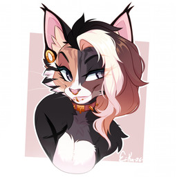 anthro biped breasts cheek_tuft collar ear_piercing facial_tuft female front_view fur hair inner_ear_fluff nude nude_anthro nude_female piercing simple_background smile solo tuft ei-ka domestic_cat felid feline felis mammal 1:1 2026 digital_drawing_(artwork) digital_media_(artwork) hi_res