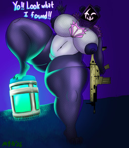 anthro areola armwear big_areola big_breasts big_butt breasts butt chug_jug clothing curvy_figure female fishnet_armwear fishnet_clothing fishnet_leggings fishnet_legwear fishnet_thigh_highs fishnet_topwear genitals gesture glowing gun huge_breasts leggings legwear looking_at_viewer nipples purple_nipples ranged_weapon scar scar_(gun) smile smiling_at_viewer solo spread_legs spreading thick_thighs thigh_highs topwear vulva waving waving_hand weapon m4n epic_games fortnite raven_team_leader bear mammal hi_res
