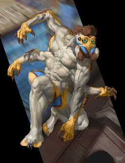 8_eyes 8_legs abs anthro biceps blue_markings brown_hair claws finger_claws green_eyes hair male markings multi_eye pecs solo tuft white_body yellow_hands shaneinvasion arachnid araneomorph arthropod jumping_spider spider hi_res signature