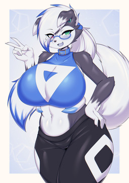 5_fingers anthro belly big_breasts black_body black_fur blue_hair bottomwear breasts clothing curvy_figure ear_piercing ear_ring eyewear facial_piercing fangs female fingers fur gesture glasses green_eyes hair hand_gesture hand_on_hip heterochromia huge_breasts huge_thighs looking_at_viewer multicolored_body multicolored_fur multicolored_hair navel nose_piercing nose_ring open_mouth pants piercing pink_eyes ring_piercing septum_piercing septum_ring slightly_chubby slightly_chubby_anthro slightly_chubby_female smile solo standing tail teeth thick_thighs topwear v_sign voluptuous white_body white_fur white_hair wide_hips tailzkim nintendo pokemon canid canine canis domestic_dog generation_7_pokemon lycanroc mammal pokemon_(species) 2023 character_request hi_res