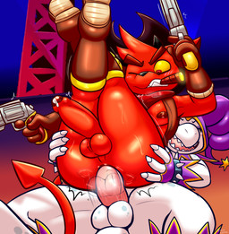 2_horns anal anal_penetration anthro anthro_on_anthro anthro_penetrated anthro_penetrating anthro_penetrating_anthro anus armwear balls big_butt black_clothing black_hat black_headwear black_horn black_nose blush butt cigar claws clenched_teeth clothing crossed_legs duo erection fur genitals glans gun hair handgun hat headgear headwear holding_gun holding_handgun holding_object holding_ranged_weapon holding_revolver holding_weapon horn humanoid_genitalia humanoid_penis kerchief legs_up legwear looking_down male male/male male_penetrated male_penetrating male_penetrating_male mostly_nude nipples on_bottom on_top one_eye_closed penetration penis pink_penis pupils purple_armwear purple_clothing purple_hat purple_headwear purple_legwear ranged_weapon red_anus red_body red_eyes red_fur red_glans red_hair red_kerchief red_nipples red_penis reverse_cowgirl_position revolver scales sex sharp_teeth shortstack shortstack_male smile spade_tail tail teeth thick_thighs thrusting weapon white_balls white_body white_claws white_scales yellow_sclera felino kings_of_hell gremile_'hotshot' superbia_(kings_of_hell) bovid caprine demon goat imp kobold mammal scalie 2026 absurd_res hi_res