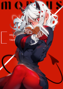 5_fingers black_horn blush bodily_fluids book breasts clothing female fingers hair heart_eyes heart_symbol holding_book holding_object horn long_hair looking_at_viewer not_furry red_background red_eyes simple_background solo spade_tail suit sweat sweater tail text topwear turtleneck white_body white_hair white_skin tefco helltaker modeus_(helltaker) demon demon_humanoid humanoid absurd_res english_text hi_res