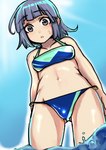 2022 bikini bikini_bottom bikini_top blush bodily_fluids breasts clothing day female hair hi_res human human_only looking_at_viewer mammal not_furry outside solo sweat sweatdrop swimwear toribako two-piece_swimsuit water