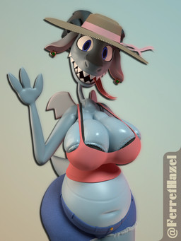 anthro areola areola_slip belly big_belly big_breasts blue_areola blue_body blue_eyes bottomwear bra bra_peek breasts camel_toe clothing daisy_dukes denim denim_bottomwear denim_clothing denim_shorts ear_piercing ear_ring female gesture gradient_background hat headgear headwear horn hotpants looking_at_viewer open_mouth open_smile piercing potbelly ring_piercing sharp_teeth shirt shorts simple_background smile solo sun_hat tank_top teeth tight_clothing tongue tongue_out topwear underwear waving waving_at_viewer wings ferrethazel mythology dewdrop_(ferrethazel) dragon mythological_creature mythological_scalie scalie 3:4 3d_(artwork) digital_media_(artwork) hi_res