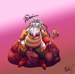 anthro belly belt big_belly big_breasts blush bodily_fluids bottomwear breasts clothing cybernetic_arm cybernetic_limb deep_navel digestion digestion_noises duo featureless_breasts female fur grey_body grey_fur grey_hair hair male mask mechanical_arm melting multicolored_body multicolored_fur navel neck_tuft open_mouth overweight overweight_anthro overweight_female pants rumbling_stomach sitting sound_effects spiral spiral_eyes star sweat text tongue tongue_out tuft two_tone_body two_tone_fur vore weight_gain white_body white_fur radarn_(artist) bandai_namco digimon rai_(radarn) canid canine digimon_(species) fox mammal wolvermon 2025 english_text hi_res line_art