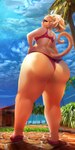 anthro beach big_butt bikini blonde_hair bottom_heavy bra breasts butt clothed clothed_female clothing cloud curvy_figure day detailed_background eyebrows eyelashes eyewear female footwear fur hair light low-angle_view monkey_tail palm_tree perspective_shot plant pose rear_view sandals seaside shoes sky solo standing sunglasses sunlight swimwear thick_thighs thong tree two-piece_swimsuit underwear wide_hips yellow_body yellow_fur dexie93 bloons_tower_defense ninja_kiwi adora_(bloons) haplorhine mammal monkey primate hi_res