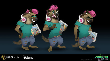 3_toes angry anthro barefoot clothed clothing computer criminal electronics feet female fully_clothed headphones headphones_around_neck laptop plantigrade solo standing surprised tail text toes torn_clothing kristele_pelland disney zootopia gertie_(zootopia) hyena mammal spotted_hyena 16:9 english_text hi_res model_sheet official_art widescreen