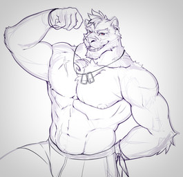 5_fingers abdominal_scar anthro areola arm_scar arm_tuft barbell_piercing biceps biped cheek_tuft chest_scar chest_tuft clothed clothing crotch_tuft deltoids ear_piercing ear_scar elbow_tuft facial_scar facial_tuft fangs fingers flexing flexing_bicep forearm_muscles front_view fur hair hand_behind_back humanoid_hands jewelry looking_at_viewer male muscular muscular_anthro muscular_arms muscular_male navel neck_scar necklace nipple_barbell nipple_piercing nipples obliques open_mouth open_smile pecs pendant piercing red_eyes ring_piercing scar short_hair smile smiling_at_viewer solo teeth triceps tuft underwear underwear_only v-cut wristband x_scar purtropos anothereidos_of_dragon_vein_r pino_(anothereidos_r) felid mammal pantherine 2025 digital_media_(artwork) guide_lines monochrome portrait sketch three-quarter_portrait