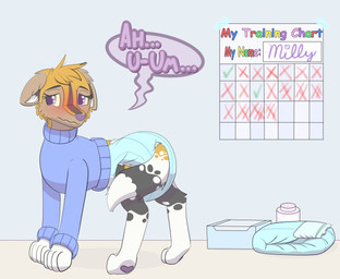 baby_powder big_diaper black_body black_fur blush calendar clothing dialogue diaper diaper_changing_supplies female feral fur orange_body orange_fur potty_chart potty_training purple_eyes simple_background solo speech_bubble sweater text topwear wetness_indicator white_body white_fur rasile neopets milly_(rasile) african_wild_dog canid canine lupe_(neopets) mammal neopet_(species) english_text