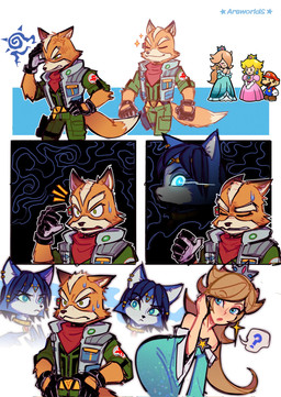 alternative_fashion anthro blonde_hair blue_eyes bodily_fluids clothing crown dipstick_tail dress female fur gloves green_eyes group hair handwear headgear hime_lolita j-fashion jewelry lolita_(fashion) long_hair male markings orange_body orange_fur pink_clothing pink_dress smile sweat tail tail_markings arsworlds mario_bros nintendo star_fox super_mario_galaxy fox_mccloud krystal_(star_fox) mario princess_peach rosalina_(mario) canid canine fox human mammal comic hi_res