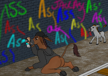 art_challenge artist_hypnodonk braying clothing curse delinquent duo feral forced forced_transformation graffiti graffiti_on_wall hee_haw hoodie hooves male paint railway_track railway_tunnel scared species_transformation spray_can spray_paint tail text topwear transformation transformaytion transformaytion2026 asinus donkey equid equine mammal absurd_res english_text hi_res
