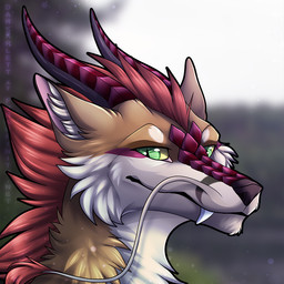 ambiguous_gender barbel_(anatomy) black_nose blurred_background countershading detailed_background fangs flesh_whiskers fur fur_tuft green_eyes hair horn inner_ear_fluff looking_at_viewer pupils purple_text red_hair side_view slit_pupils snout solo tan_body tan_ears tan_fur teeth text translucent_text tuft white_body white_countershading yellow_sclera darkarlett mythology lefan_nolim canid canine dragon fox hybrid mammal mythological_creature mythological_scalie scalie 1:1 digital_media_(artwork) headshot_portrait icon portrait source_request