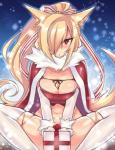 accessory armwear blonde_hair blush bow_(feature) bow_accessory bow_ribbon breasts cape centered_hair_bow christmas_present cleavage clothed clothing elbow_gloves female fluffy fluffy_tail fur gift gloves hair hair_accessory hair_bow hair_over_eye hair_ribbon handwear holidays legwear long_hair looking_at_viewer navel one_eye_obstructed open_mouth red_eyes ribbons sitting skimpy solo spread_legs spreading tail thigh_highs yellow_body yellow_fur acechan_f christmas animal_humanoid canid canid_humanoid canine canine_humanoid fox_humanoid humanoid mammal mammal_humanoid 2014 hi_res