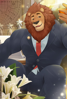 anthro barazoku biped black_nose bottomwear brown_eyes brown_hair brown_mane bulge clothed clothing computer desk detailed_background electronics flower front_view fully_clothed furniture hair holding_object long_hair male mane map muscular muscular_anthro muscular_male necktie open_mouth pants phone plant pose selfie sitting solo spread_legs spreading suit table teeth tongue whiskers mumu202 disney zootopia leodore_lionheart felid lion mammal pantherine 2017