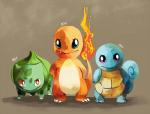 ambiguous_gender blue_body blue_skin feral fire flaming_tail group looking_at_viewer orange_body orange_skin red_eyes shell simple_background starter_trio tail teeth turtle_shell cuteskitty nintendo pokemon bulbasaur charmander generation_1_pokemon lizard pokemon_(species) reptile scalie squirtle