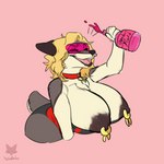 alcohol anthro areola beverage big_breasts blonde_hair bottle breasts clothing collar container eyes_closed eyewear female glasses hair holding_bottle holding_container holding_object huge_breasts nipple_piercing nipples open_mouth piercing smile solo swimwear phallusbro malin_(character) canid canine mammal 1:1 2019 absurd_res hi_res