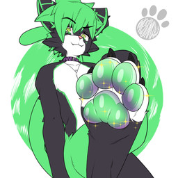 4_toes anthro black_body black_claws black_fur black_markings claws collar countershading cute_fangs eyebrows fangs feet foot_focus fur green_ears green_eyes green_hair green_markings green_pawpads green_tail hair male markings multicolored_body multicolored_ears pawpads pink_nose purple_collar raised_eyebrow solo sparkles tail teeth toes white_body white_countershading white_toes rheginald aevyn domestic_cat felid feline felis mammal 1:1 absurd_res hi_res