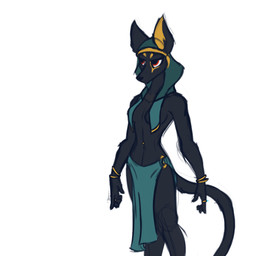 anthro barbell_piercing black_body black_fur bottomwear bracelet breasts clothing convenient_censorship egyptian egyptian_clothing egyptian_headdress female fur fur_markings gold_(metal) gold_jewelry jewelry loincloth markings navel navel_piercing o-ring piercing red_eyes ring simple_background solo teal_clothing ventral_groove white_background setriaphtfj anubian_jackal canid canine canis jackal mammal