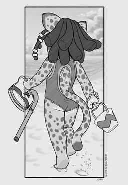 accessory anthro beach beads border bracelet bucket butt clothing cloud container day detailed_background dipstick_tail dreadlocks faceless_anthro faceless_character faceless_female female female_anthro footprint fur hair_accessory hair_beads holding_bucket holding_container holding_object jewelry markings on_sand one-piece_swimsuit outside outside_border rear_view running sea snorkel solo spots spotted_body spotted_fur spotted_markings spotted_tail swimwear tail tail_markings text water young young_anthro young_female nerdmouse cheetah felid feline mammal 2026 artist_name dated digital_drawing_(artwork) digital_media_(artwork) full-length_portrait greyscale hi_res monochrome portrait