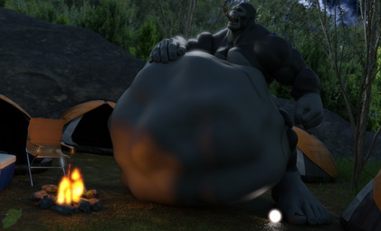 abdominal_bulge anthro belly big_belly black_body black_fur camp campfire fur hand_on_belly huge_belly male male_pred mass_vore multiple_prey muscular muscular_male oral_vore same_size_vore vore ben_roprim ape gorilla haplorhine mammal primate 3d_(artwork) digital_media_(artwork)
