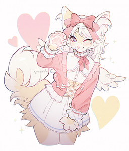 4_fingers anthro blue_eyes blush bottomwear cheek_tuft claws clothing curled_tail eyebrows facial_tuft feathered_wings feathers female fingers fur hair inner_ear_fluff long_hair looking_at_viewer multicolored_body multicolored_fur one_eye_closed pawpads pink_nose pink_pawpads pose skirt smile solo tail topwear tuft two_tone_body two_tone_fur white_body white_claws white_eyebrows white_fur white_hair wings yellow_body yellow_fur cepto_(artist) canid canine mammal 2024 colored digital_drawing_(artwork) digital_media_(artwork) hi_res shaded