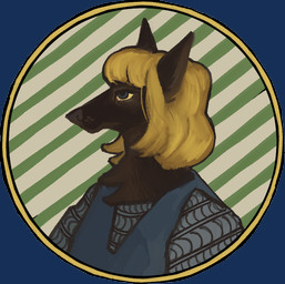 anthro armor black_body black_fur blonde_hair blue_clothing blue_eyes chainmail clothing fur hair looking_aside male medieval_armor pattern_background pointy_ears prick_ears simple_background solo striped_background mia_cain volkher_hackenperger canid canine canis dobermann domestic_dog mammal pinscher alpha_channel bust_portrait portrait