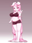 anthro big_breasts bottomwear bra breasts clothing dolphin_shorts female fur gesture hair hand_gesture midriff nipple_outline nipples pink_hair short_stack shorts simple_background solo sports_bra tail underwear v_sign white_body white_fur kionant molly_(kionant) lagomorph leporid mammal rabbit 2022 hi_res