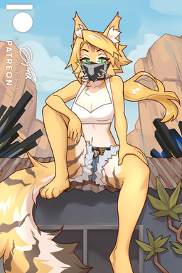 4_toes 5_fingers anthro biped blonde_hair bottomwear breasts claws clothed clothed_anthro clothed_female clothing cloud day feet female finger_claws fingers front_view fur green_eyes hair inner_ear_fluff looking_at_viewer markings mask outside pants sitting sky solo striped_body striped_fur striped_markings striped_tail stripes tail tail_markings toe_claws toes tuft yellow_body yellow_fur yellow_tail dragonfu mihoyo zenless_zone_zero pulchra_fellini felid feline mammal thiren 2025 2:3 digital_media_(artwork) hi_res