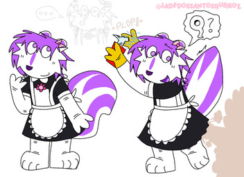 cleaning clothing fart fart_cloud fart_fetish female fur gassy hair maid_uniform male male/female nervous nervous_smile purple_body purple_fur purple_hair raised_leg raised_tail smile solo standing tail uniform white_body white_fur jadedossantosqueiroz yumi_the_skunk mammal mephitid skunk
