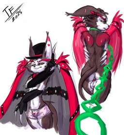 4_fingers accessory angry anthro balls black_body black_fur black_markings brown_body brown_fur chained_collar claws clothing cock_ring eyebrows fingers fur genitals hat headgear headwear heart_(marking) heart_symbol jewelry long_claws looking_back male markings orange_eyes penis_accessory penis_jewelry pink_clothing pink_underwear red_markings solo thick_eyebrows top_hat underwear white_body white_fur white_markings wings fennephilim_fox hazbin_hotel hellaverse husk_(hazbin_hotel) bat demon mammal hi_res