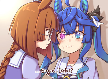 :i ahoge asian_clothing blue_eyes blue_hair blush bodily_fluids braided_hair braided_ponytail brown_hair clothed clothed_female clothed_humanoid clothing duo east_asian_clothing eyewear female glasses hair heterochromia japanese_clothing japanese_school_uniform looking_at_another pink_eyes ponytail school_uniform serafuku spiral spiral_pupils tears text twintails_(hairstyle) uniform wearing_glasses mywool cygames monty_python monty_python's_life_of_brian uma_musume_pretty_derby ikuno_dictus_(pretty_derby) twin_turbo_(pretty_derby) animal_humanoid equid equid_humanoid equine equine_humanoid horse_humanoid humanoid mammal mammal_humanoid 2025