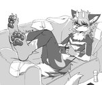 anthro boxer_briefs breath butt clothing electronics furniture hair holding_object holding_phone horn lying male markings nude on_back pawpads phone raised_foot sofa solo tail underwear underwear_removed a8295536 teco_(a8295536) canid canine canis mammal wolf monochrome