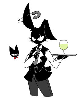 accessory adjusting_tie anthro black_body black_clothing black_fur black_tail black_topwear black_vest blush bottomwear bow_tie cheek_tuft clothing collared_shirt container cup dress_shirt drinking_glass duo eye_scar facial_scar facial_tuft female fingers fur glass glass_container glass_cup grey_bottomwear grey_clothing grey_necktie grey_pants holding_tray male necktie pants red_bow_tie safety_pin safety_pin_in_ear scar shirt standing tail topwear tuft uniform vest white_clothing white_shirt white_topwear white_undershirt wine_glass sabgong vincent_(sabgong) vingo_(sabgong) domestic_cat felid feline felis lagomorph leporid mammal rabbit