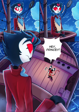 4_eyes 4_fingers alternate_color alternate_universe anthro bandanna_on_forehead beak black_beak blue_body blue_feather_hair blue_feathers blue_hair boots bottomwear canon_couple chest_tuft clothed clothing cloud coat crow's_nest dialogue duo eyebrows eyes_closed feather_hair feather_tuft feathers fingers floor fluffy fluffy_chest footwear frown glowing_pupils hair horn kerchief looking_down looking_down_at_another looking_up looking_up_at_another male male/male markings multi_eye multicolored_body night open_clothing open_mouth open_shirt open_smile open_topwear outside pants pirate pseudo_hair pulley red_body red_sclera rope sea ship shirt shoes short_hair sky smile spade_tail speech_bubble spiked_tail spikes spikes_(anatomy) standing star starry_sky striped_horn striped_markings striped_tail stripes tail tail_markings text tongue topwear tuft vehicle water watercraft white_body wood wood_floor yelling zero_lawliet hellaverse helluva_boss blitzo_(helluva_boss) stolas_(helluva_boss) avian bird demon demon_humanoid horned_humanoid humanoid imp owl owl_demon english_text hi_res