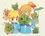 blonde_hair blue_eyes clothing group hair humanoid_pointy_ears korok_seed light_body light_skin male not_furry pointy_ears ponytail simple_background smile square_crossover wusagi2 breath_of_the_wild nintendo the_legend_of_zelda wind_waker hollo_(tloz) irch_(tloz) linder_(tloz) link makar oakin_(tloz) toon_link elf humanoid hylian korok signature