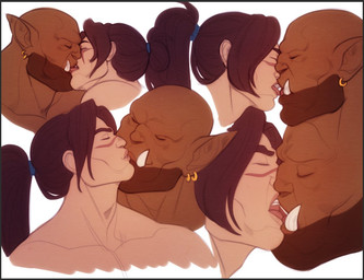 duo ear_piercing fangs french_kissing human_kissing_anthro humanoid_pointy_ears interspecies kissing male male/male muscular_on_muscular piercing pointy_ears tattoo teeth leelikessmut blizzard_entertainment warcraft garrosh_hellscream varian_wrynn human humanoid mammal orc