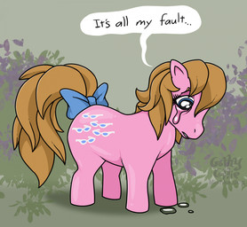 accessory blue_eyes bodily_fluids bow_ribbon brown_hair crying cutie_mark dialogue female feral fur furgonomics hair looking_down pink_body pink_fur ribbons solo speech_bubble tail tail_accessory tail_bow tail_ribbon tears teary_eyes text gothycollie hasbro my_little_pony shady_(mlp) equid equine horse mammal pony 2026 english_description english_text hi_res