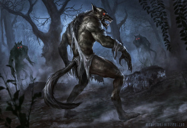 angry anthro black_body black_fur black_nose claws dark detailed_background fur group night open_mouth outside plant red_eyes sharp_teeth standing teeth toe_claws tree blewzen_(artist) mythology canid canine mammal mythological_canine mythological_creature werecanid werecanine werecreature werewolf 2017 hi_res