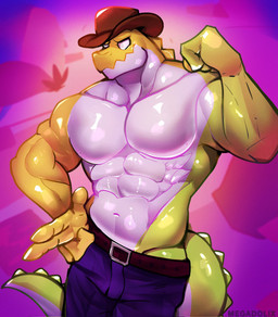 abs anthro barazoku belt bottomwear candy clothed clothing cowboy_hat dessert empty_eyes finger_gun flexing flexing_bicep food gesture hand_gesture hat headgear headwear logo male muscular muscular_anthro muscular_arms muscular_male navel pants pecs solo tail tail_ridge topless topless_anthro topless_male white_body white_eyes yellow_body megadolix glitch_productions the_amazing_digital_circus gummigoo_(tadc) crocodile crocodilian food_creature living_candy reptile scalie artist_logo digital_media_(artwork) hi_res portrait three-quarter_portrait
